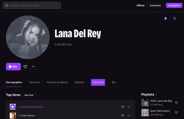 Screenshot of an artist's Deezer page